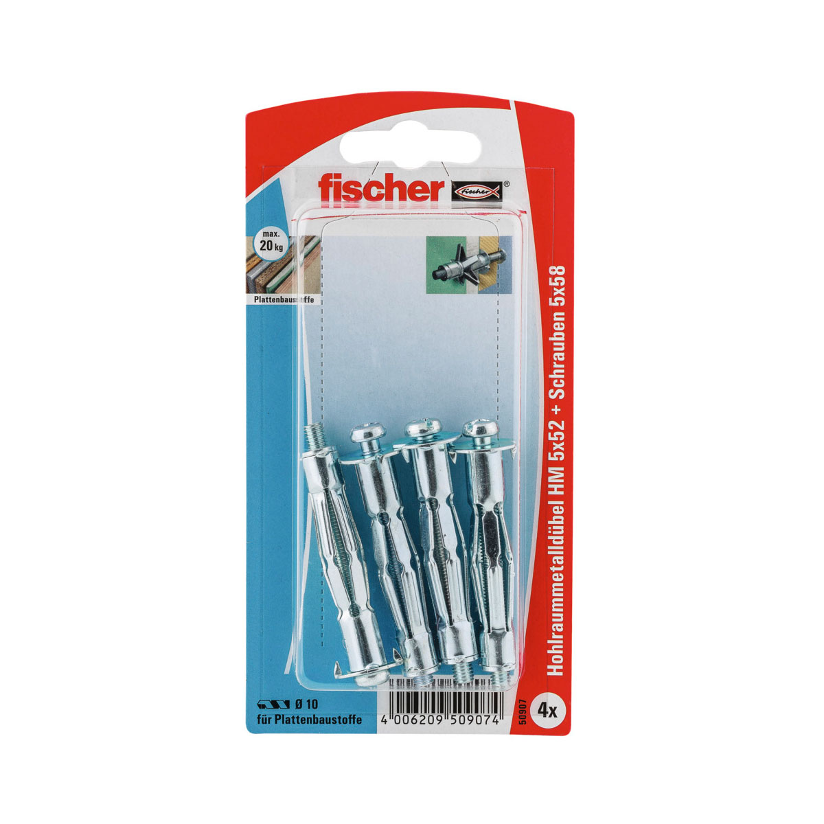 Fischer  Hohlraum-Metalldübel 5 x 52 mm mit metrischer Schraube 4 Stück | 10 | 52 | 240645