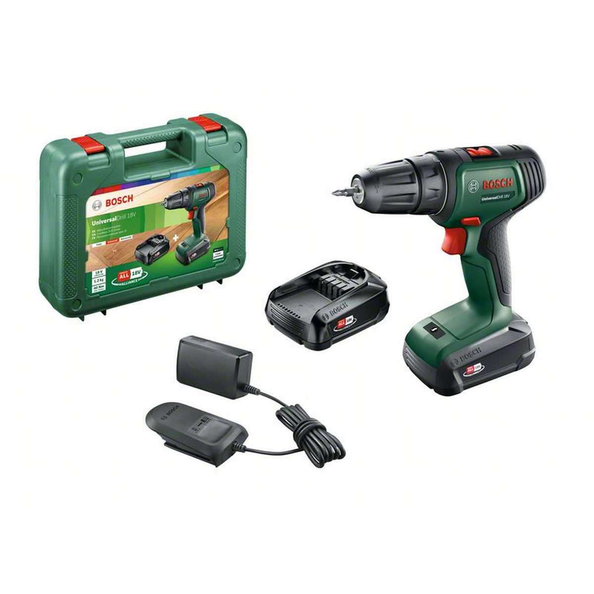 Bosch   Akku-Bohrschrauber-Set UniversalDrill 18V 2x 1,5Ah Akkus 5-teilig | 2x 1,5Ah Akku, 1x Ladegerät, 1x Doppelschrauberbit | 247448