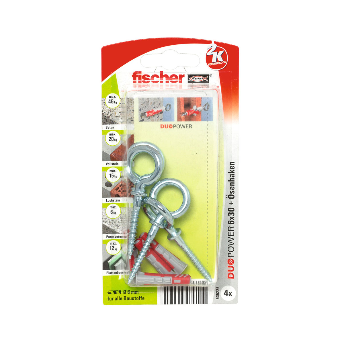 Fischer  Dübel DuoPower 6 x 30 mm mit Ösenhaken 4 Stück | 6 | 402714