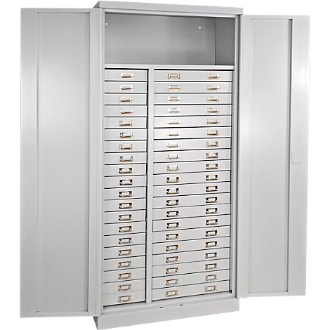 ADB Schubladenschrank, 40 Schubladen, 1 Ablageboden, 2-Punkt-Verriegelung, Stahlausführung, H 1790 x B 800 x T 410 mm, lichtgrau RAL 7035