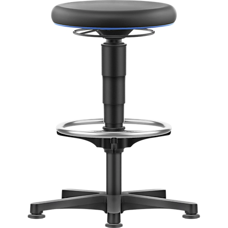 Allround Hocker Bimos, sitzhöhenverstellbar 560-810 mm, mit Gleiter & Fußring, PU-Schaumbezug, abwaschbar, extrem robust, Farbring blau