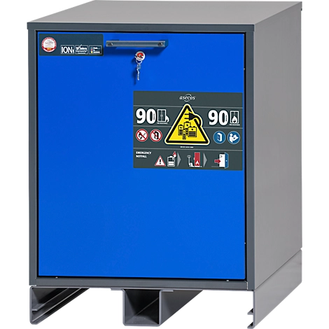 Asecos Akku-Ladeschrank Typ 90 ION-CHARGE-90, Unterbauschrank, Schublade mit 2 Auszugsebenen, B 593 x T 574 x H 780 mm, Anthrazitgrau/Enzianblau