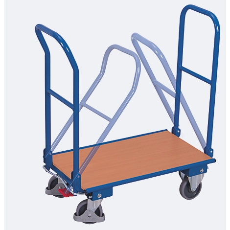 Doppel-Klappbügelwagen, Stahl/MDF-Platte, Enzianblau/Buche-Dekor, L 720 x B 450 mm, klappbare mit Querstrebe, TPE-Rollen mit EasySTOP, bis 150 kg