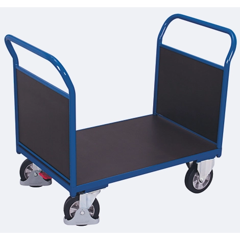 Doppel-Stirnwandwagen, Stahl/Siebdruckplatte, Enzianblau/Dunkelbraun, L 995 x B 700 mm, Sperrholz-Stirnwände, Vollgummi-Rollen mit EasySTOP, 1000 kg