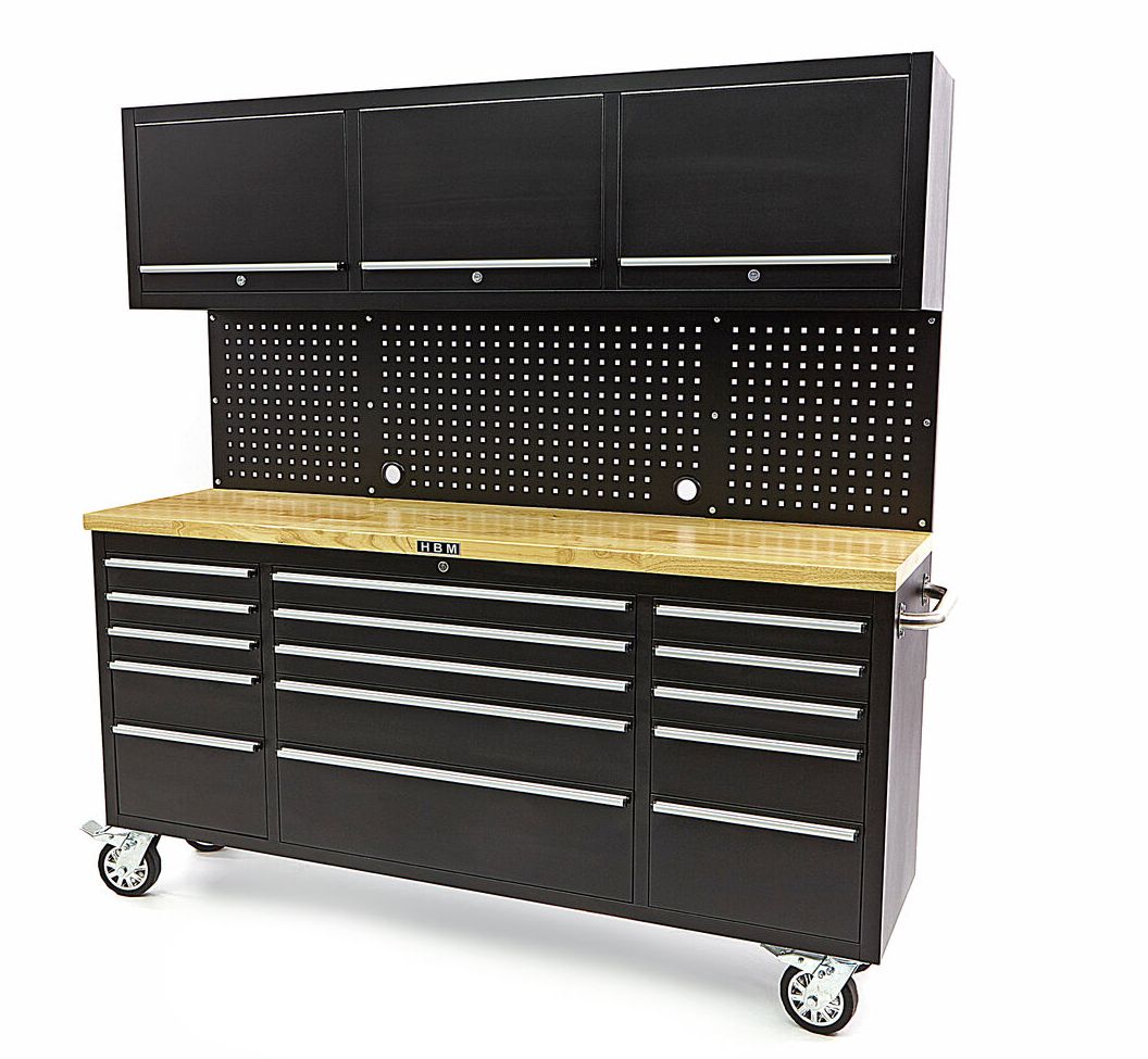 Werkbank mit Schrankwand und Holzplatte Schwarz 182cm