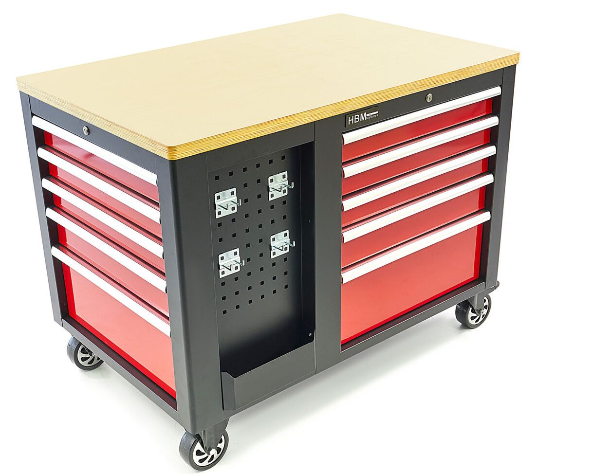 Mobile Werkbank, Werkzeugwagen mit 10 Schubladen und Schrank.