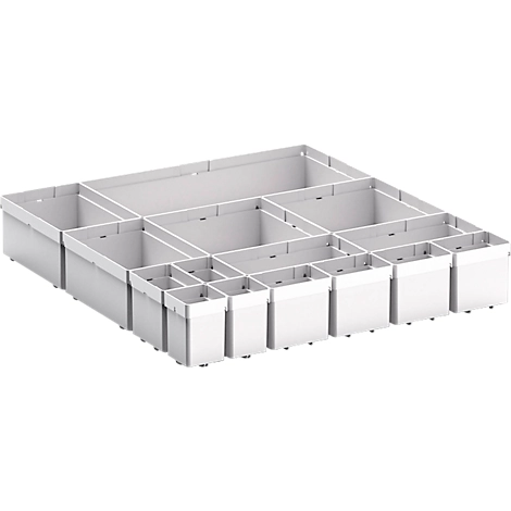 Kleinteileboxen bott verso, für Schubladen, Set aus 15 Boxen, für Fronthöhe 100/125 mm, B 525 x T 550 x H 77 mm, Stahlblech