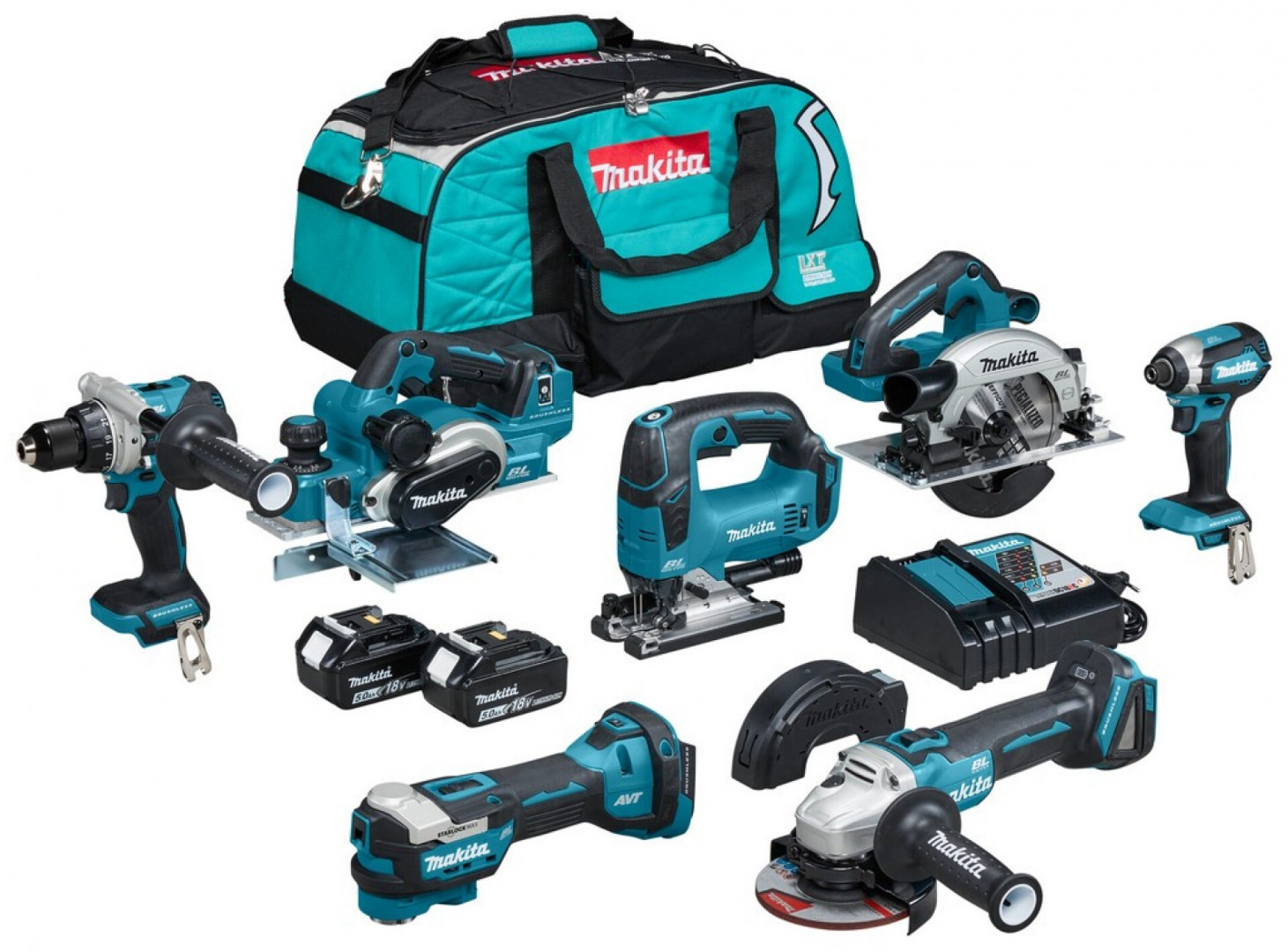 Makita Kombiset aus Winkelschleifer, Schlagschrauber, Stichsäge, Kreissäge, Akkubohrer und Hobelmaschine 18V Akku 5,0Ah