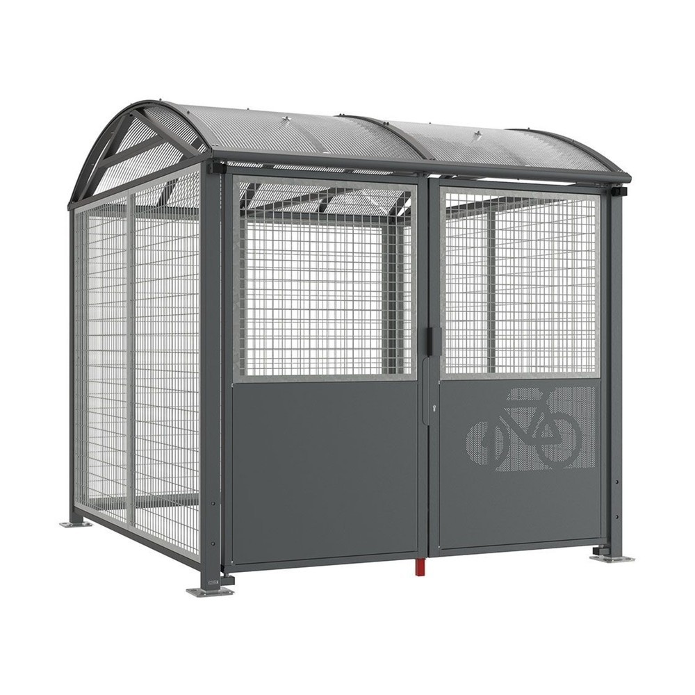 PROCITY® Fahrradunterstand L, Grundmodell, mit Verkleidungen und Tür mit Zylinderschloss, Stahlgitter feuerverzinkt