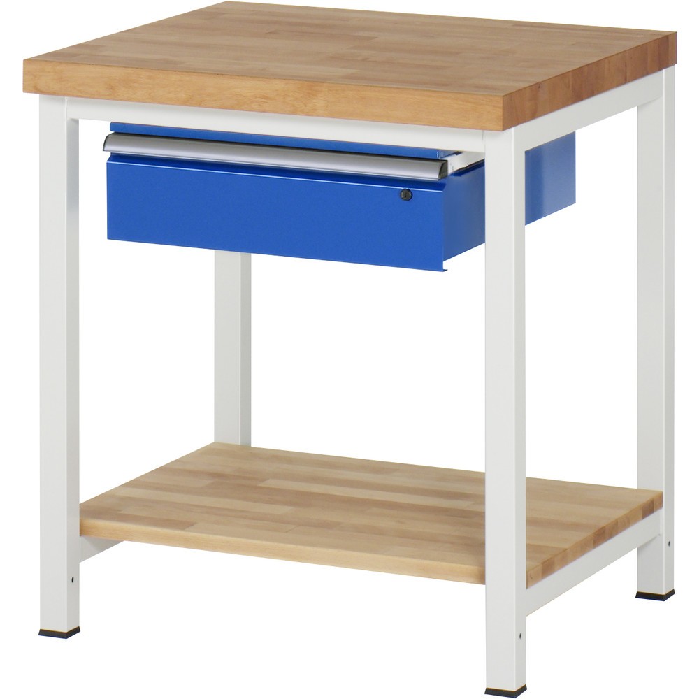RAU Werkbank Serie 8000, 1 Buche-Massiv-Ablageboden, mit Schubladen, Höhe 840-1.040 mm