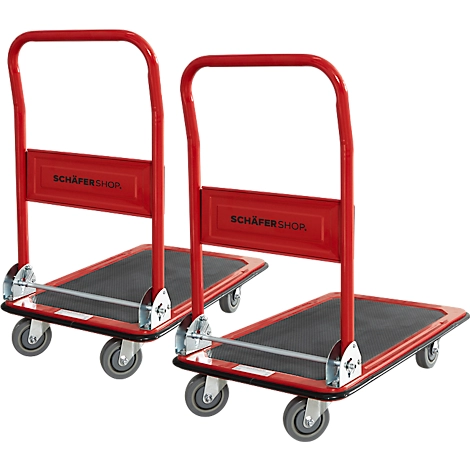 Schäfer Shop Pure Plattformwagen, klappbarer Schiebebügel, Antirutsch-Belag, Lenk- & Bockrollen, bis 150 kg, L 725 x B 475 x H 835 mm, 2 Stück