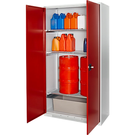 Schäfer Shop Select Gefahrstoffschrank, für Öl etc., 2 x 60 l Fässer und 8 x 20 l Kanister, Außenmaße B 1055 x T 520 x H 1950 mm, lichtgrau/rubinrot