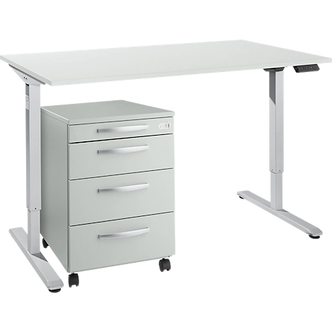 Schreibtisch, elektrisch höhenverstellbar, T-Fuß, H 755-1255 mm, lichtgrau/weißaluminium + Memorybedienpanel, Kabelkanal, Rollcontainer
