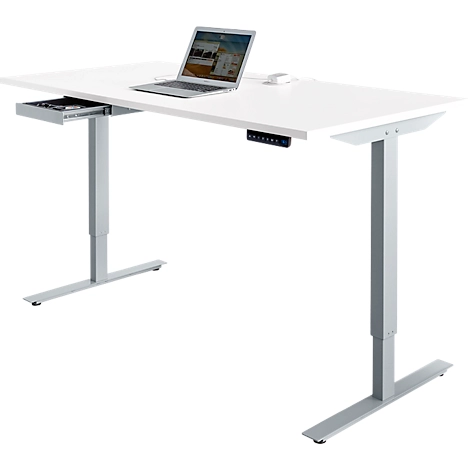 Schreibtisch Start Off, elektrisch höhenverstellbar, Rechteck, T-Fuß, B 1600 x T 800 x H 755-1255 mm, lichtgrau/weißaluminium + Zubehörschublade