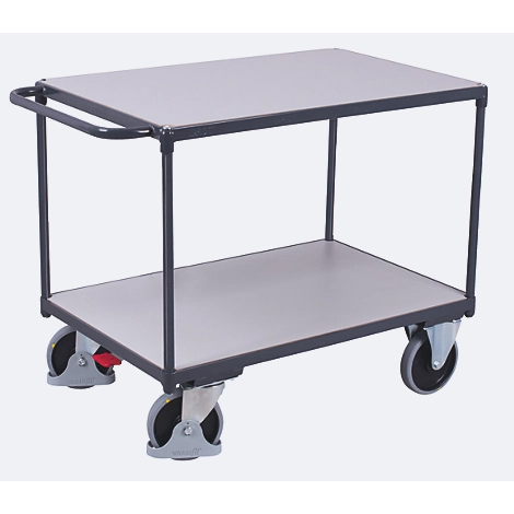 Schwerer ESD-Tischwagen, Stahl/Spanplatte, Graphitgrau/Lichtgrau, 2 Etagen, L 850 x B 500 mm, TPE-Rollen mit EasySTOP, bis 400 kg