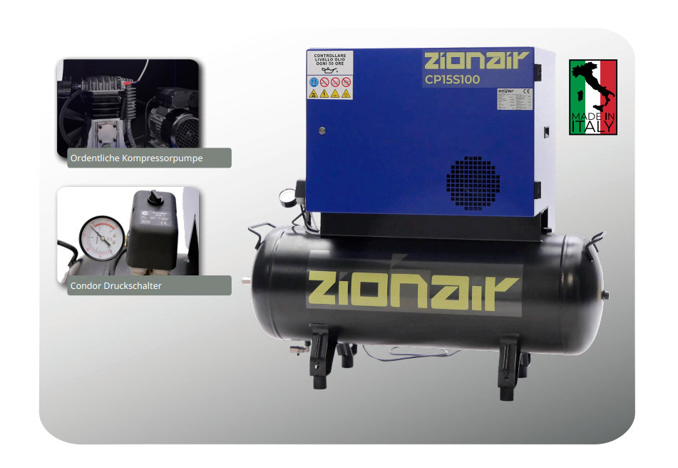 Kompressor gedämpft 1,5kW 230V 10 bar 100L Tank